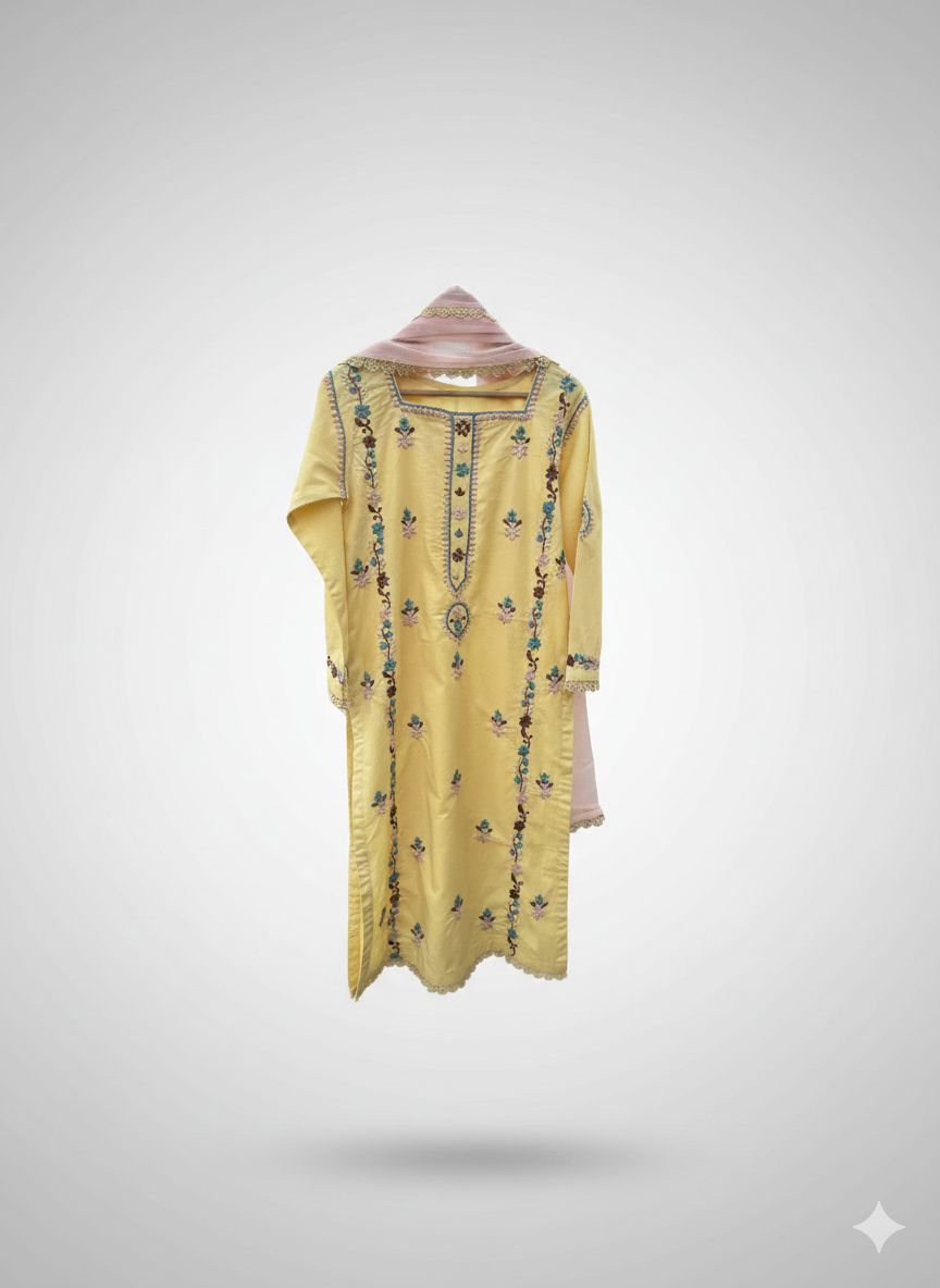 Butter-Yellow Handmade Chikankari Suit –Premium
