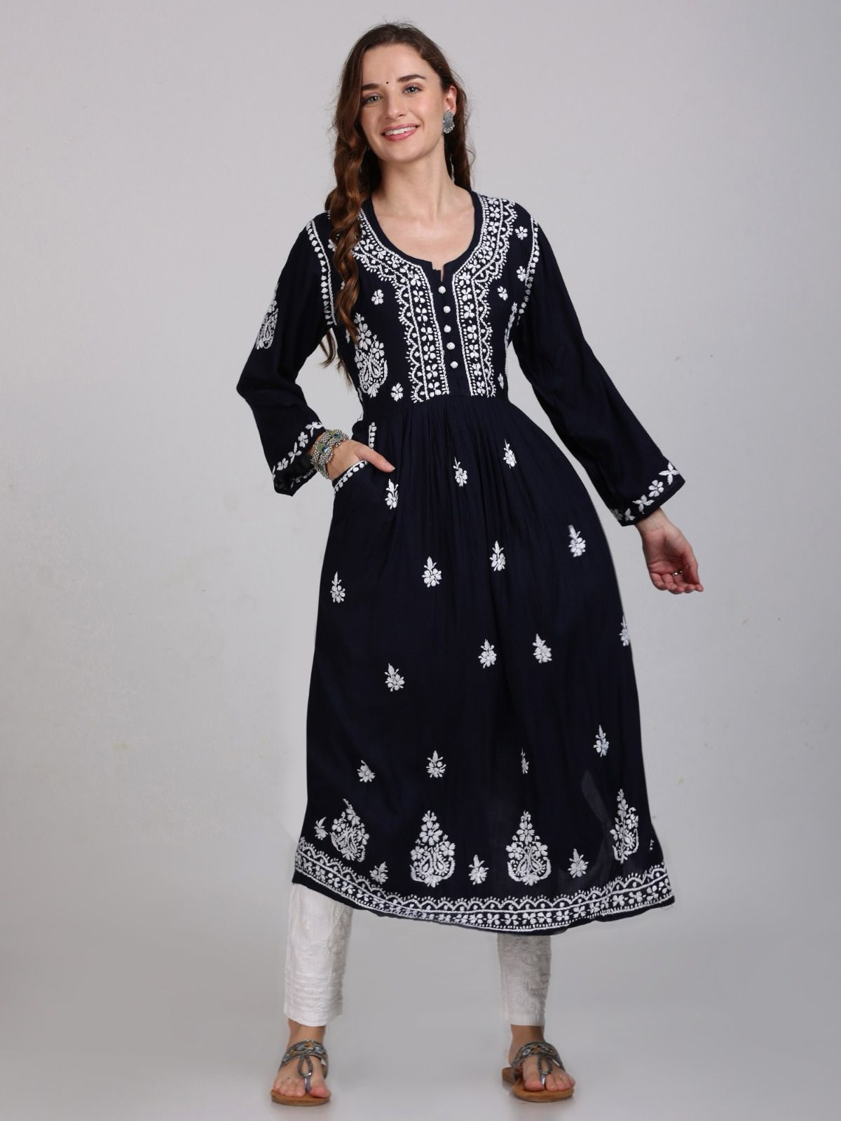 CHIKANKARI LONG FROCKS WITH TROUSER