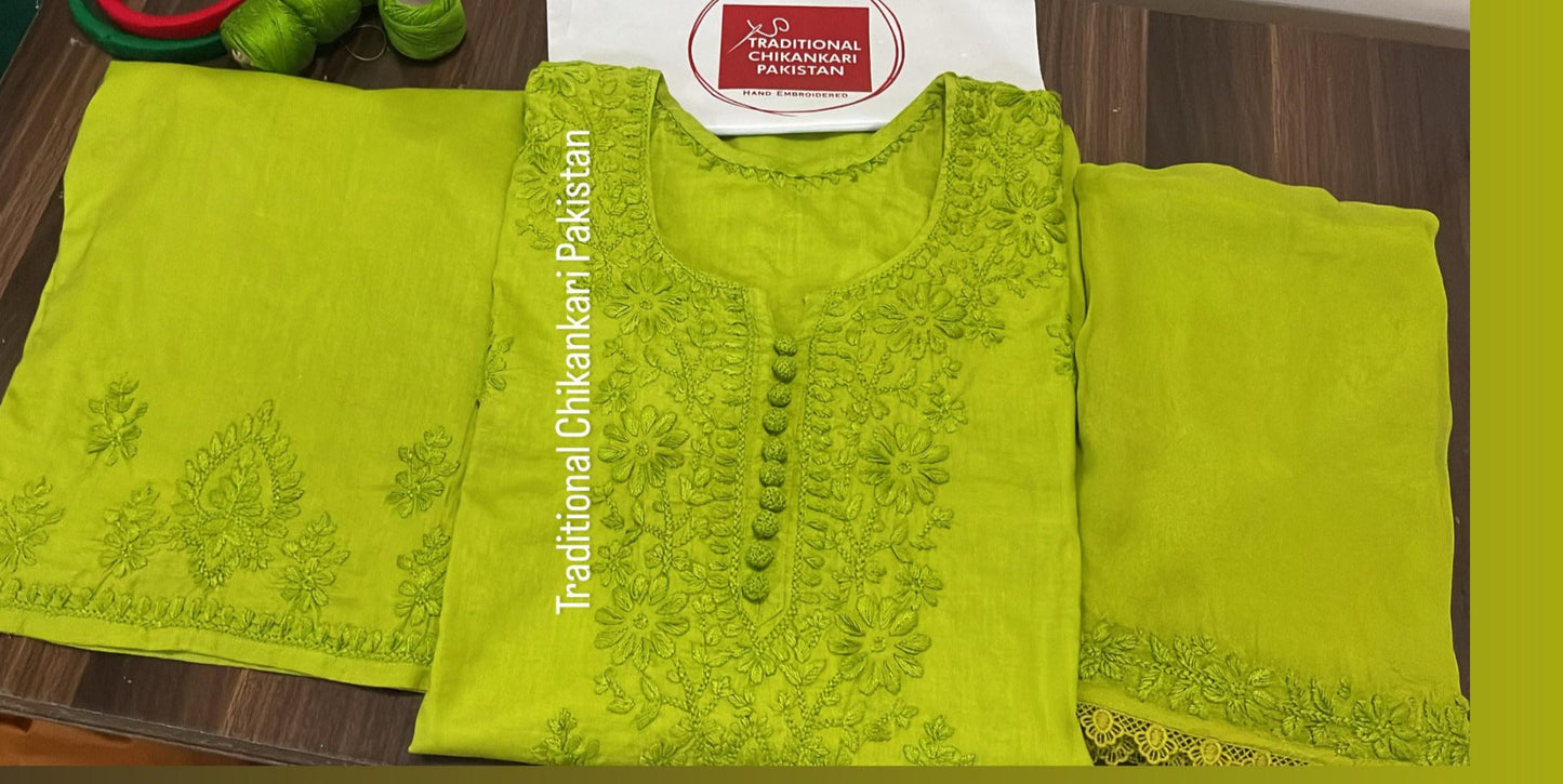 Lime Green 3 piece Hand Embriodered Chikankari suit