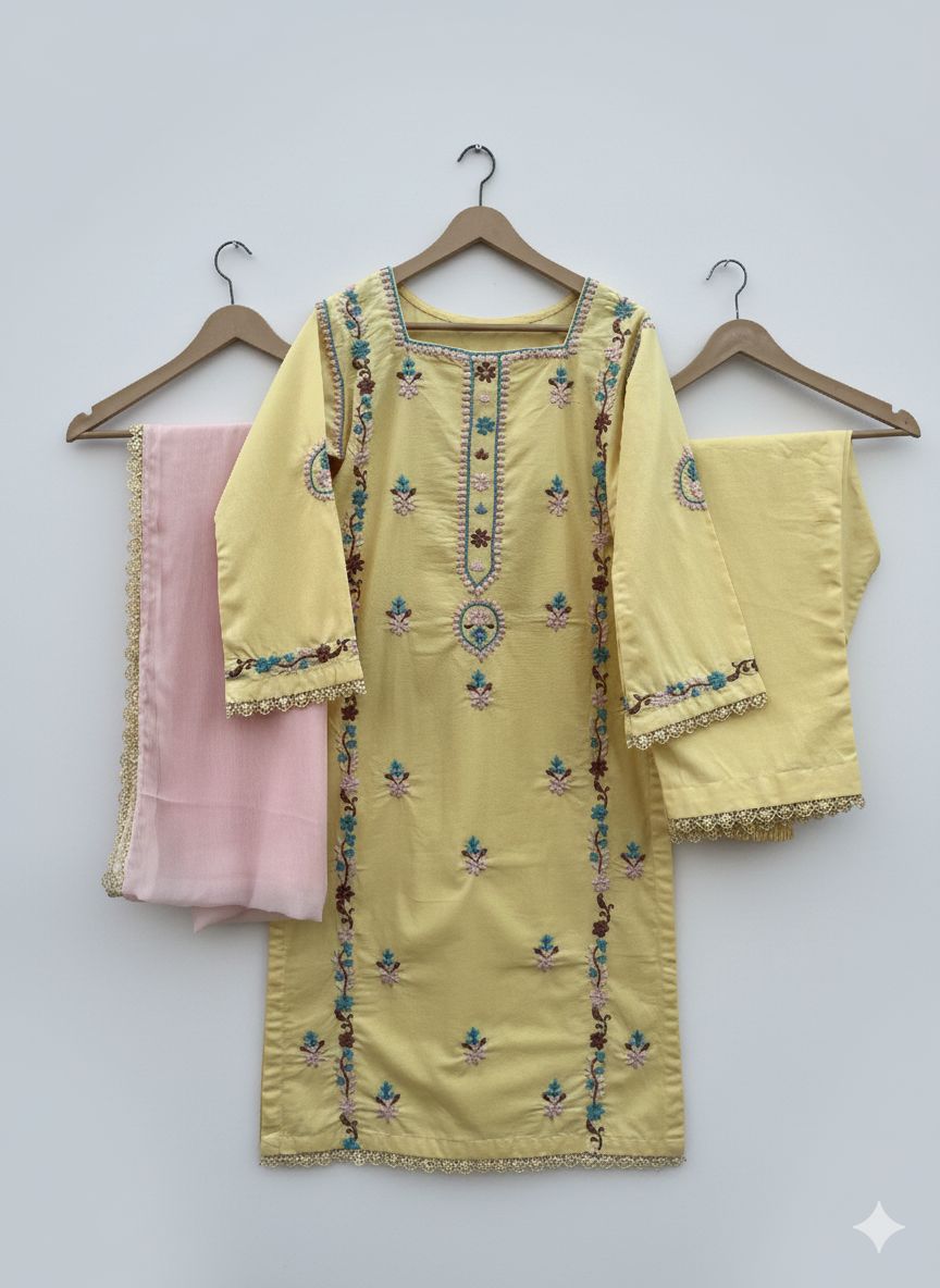 Butter-Yellow Handmade Chikankari Suit –Premium Fine Khaddar