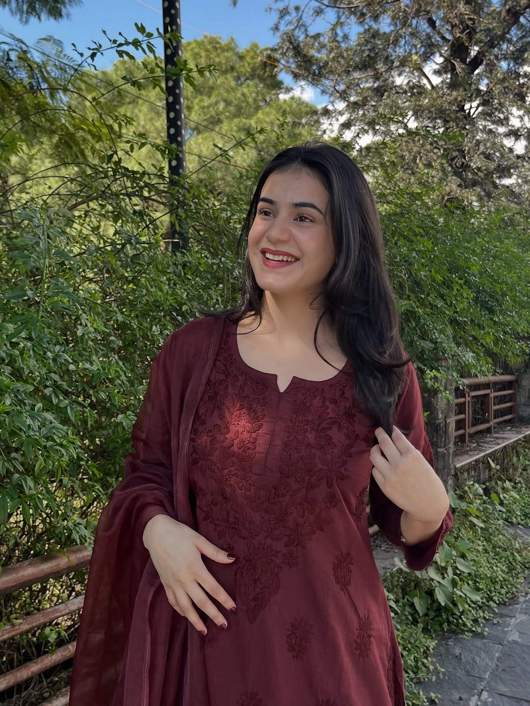 3 Piece Coffee Brown Hand Embroidered ChickenQari set