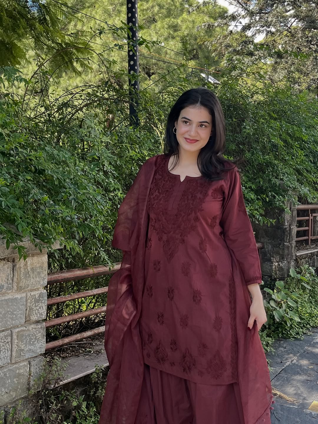 3 Piece Coffee Brown Hand Embroidered ChickenQari set