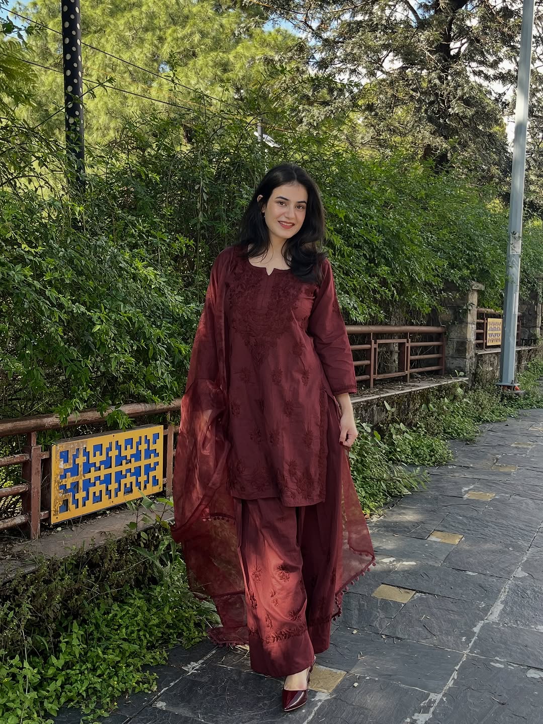 3 Piece Coffee Brown Hand Embroidered ChickenQari set