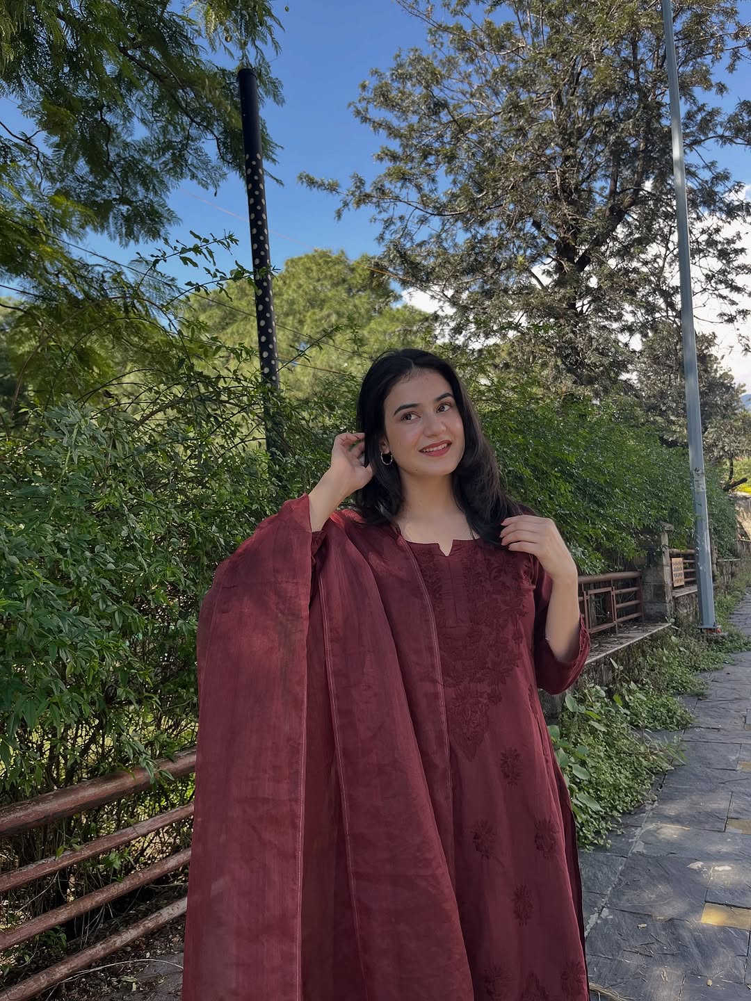 3 Piece Coffee Brown Hand Embroidered ChickenQari set