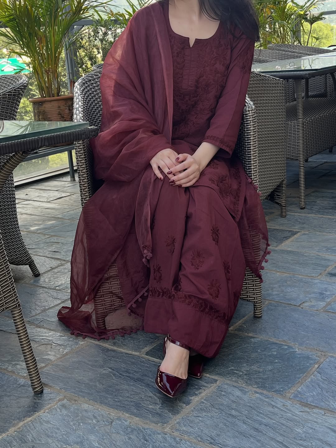 3 Piece Coffee Brown Hand Embroidered ChickenQari set