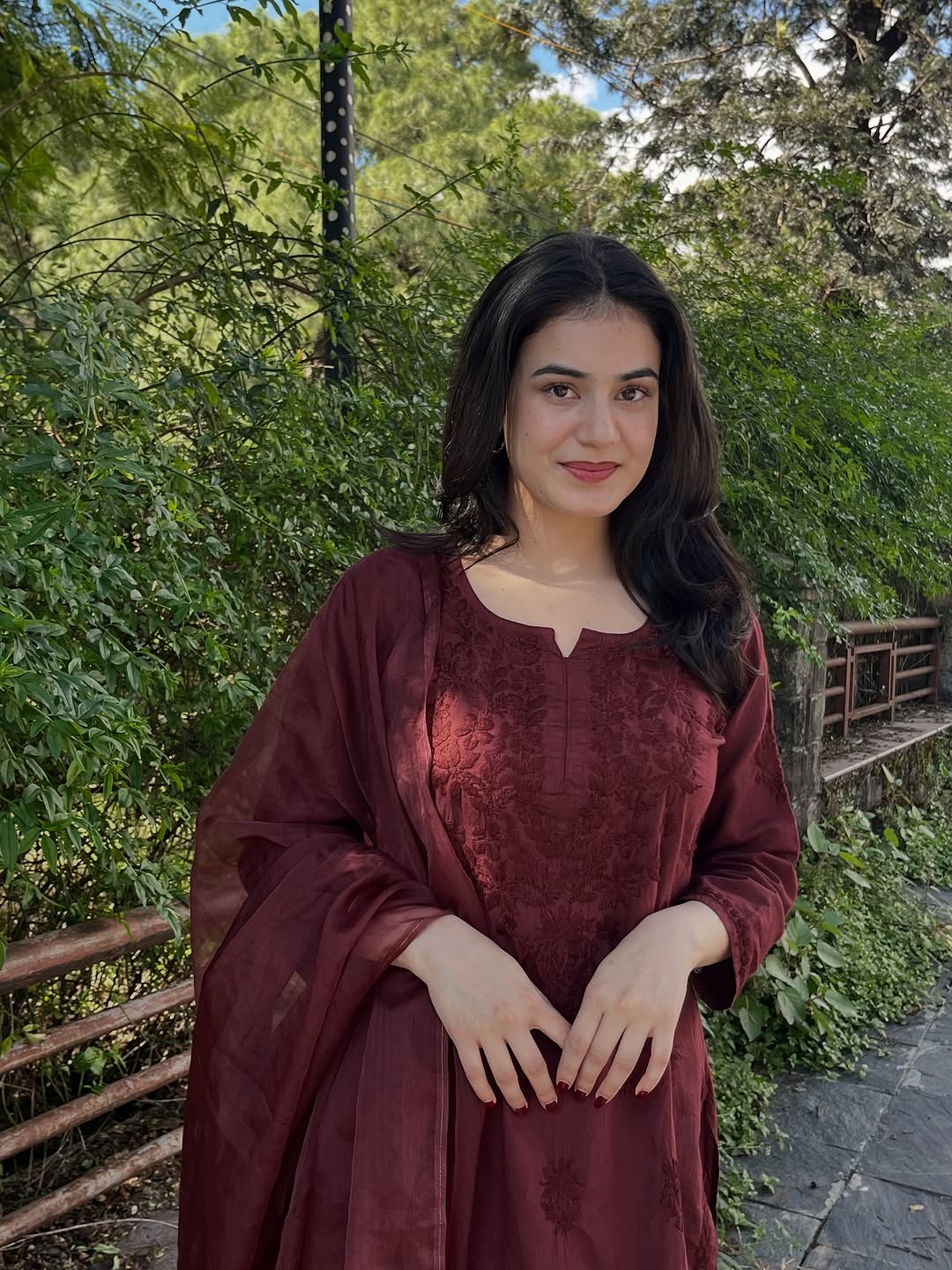 3 Piece Coffee Brown Hand Embroidered ChickenQari set