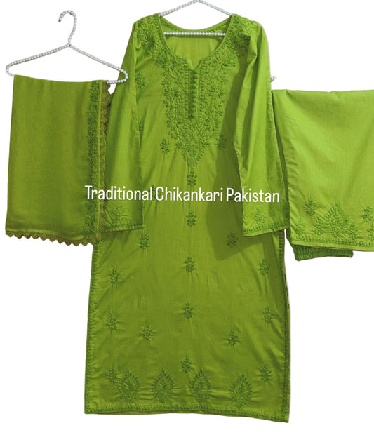 Lime Green 3 piece Hand  Embriodered Chikankari suit