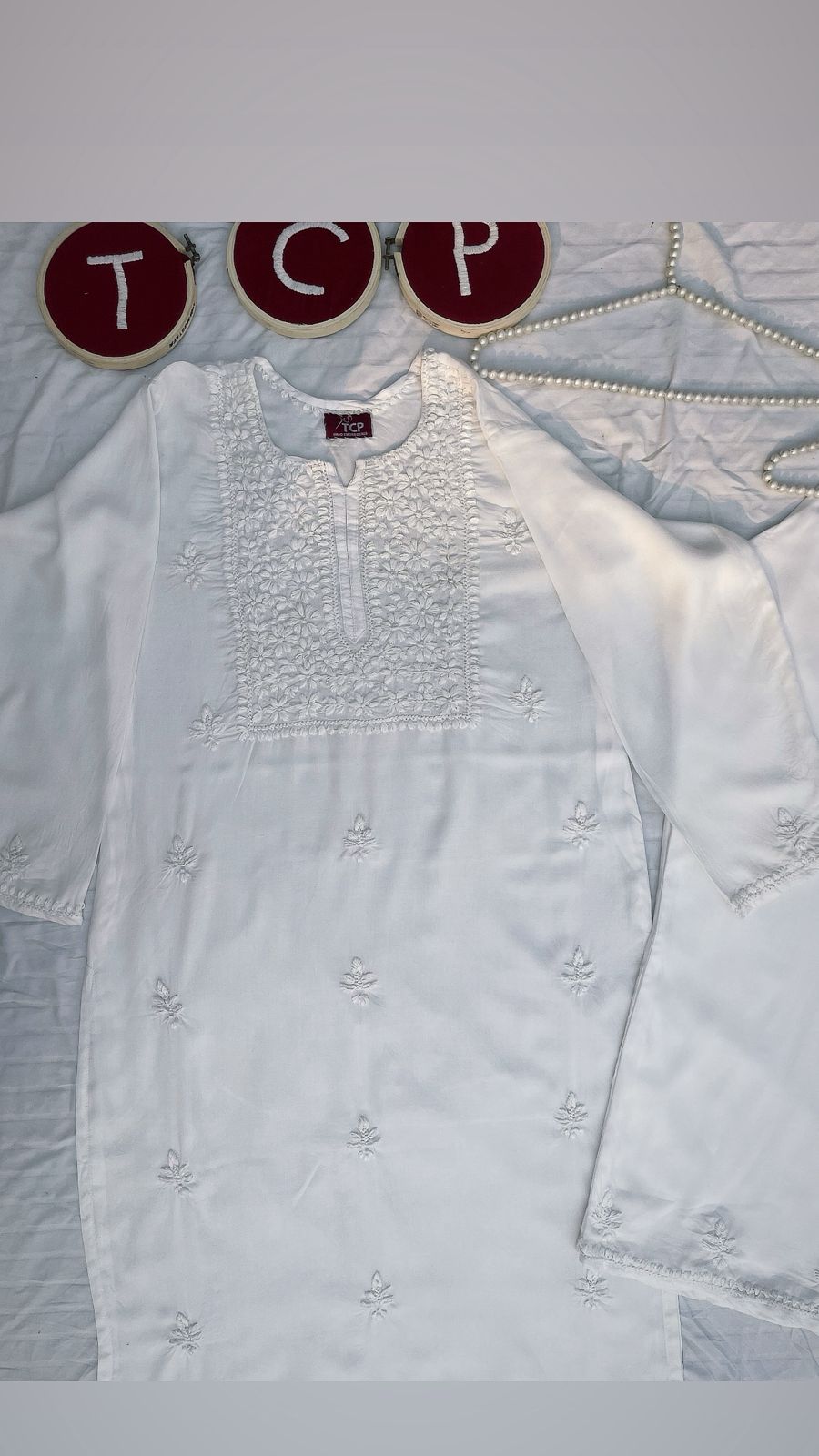 EGG WHITE 3 PIECE CHIKANKARI SET