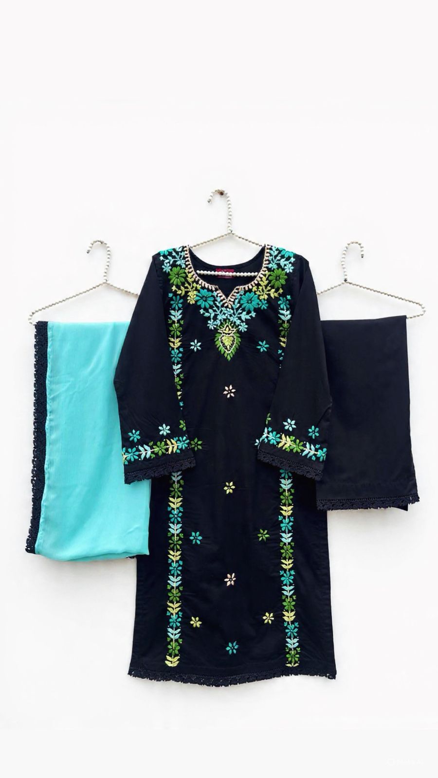 Jet Black Hand-Embroidered Cotton Suit – 3 Piece