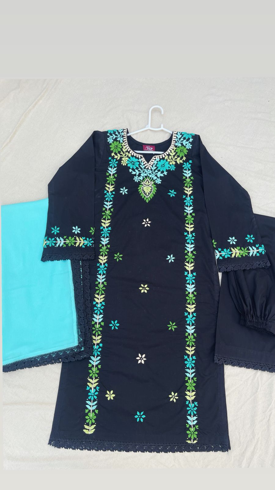 Jet Black Hand-Embroidered Cotton Suit – 3 Piece