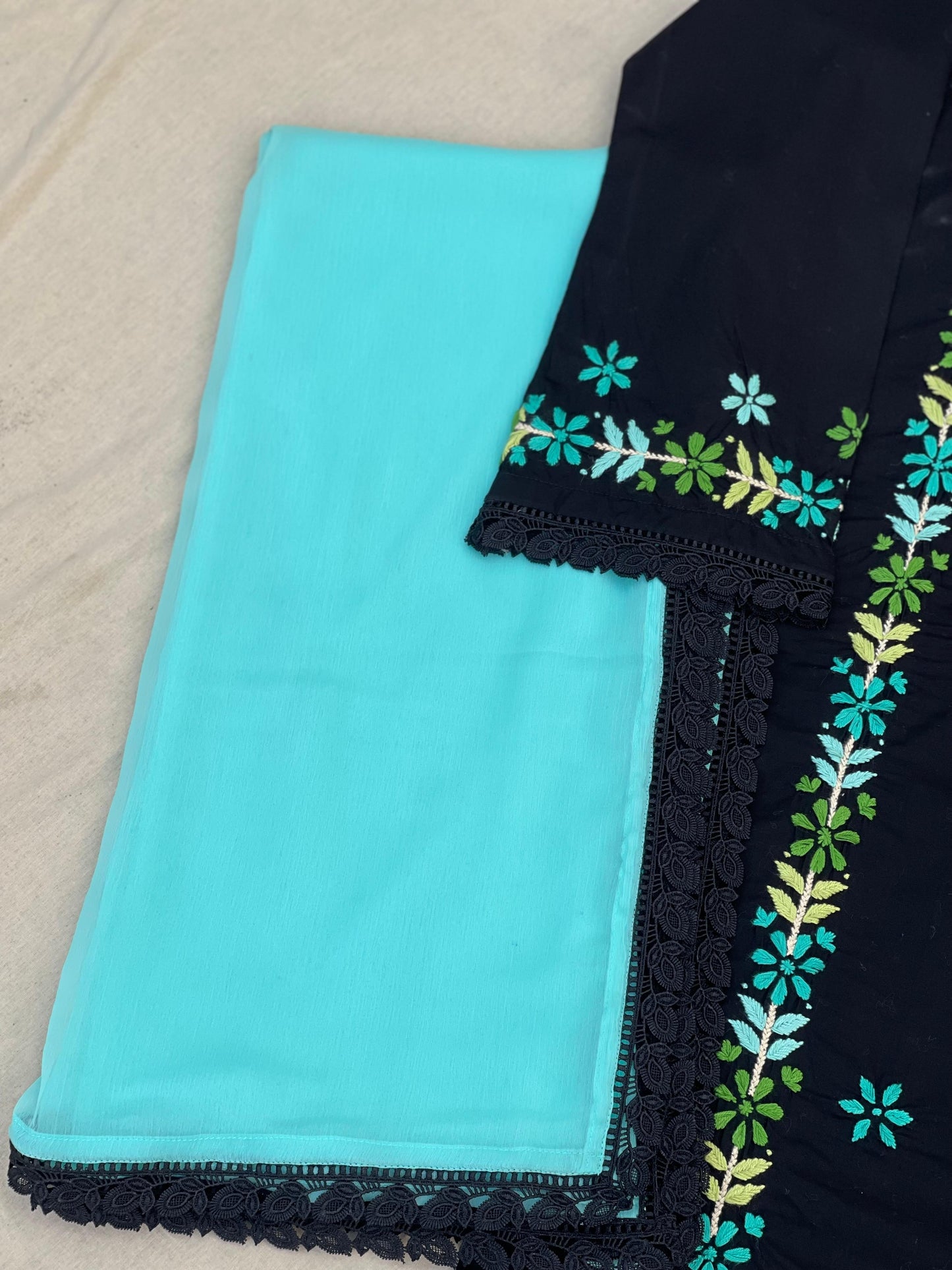 Jet Black Hand-Embroidered Cotton Suit – 3 Piece