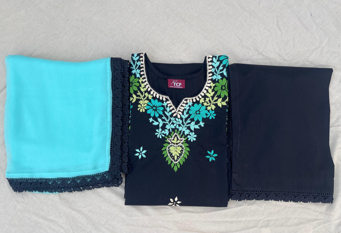 Jet Black Hand-Embroidered Cotton Suit – 3 Piece