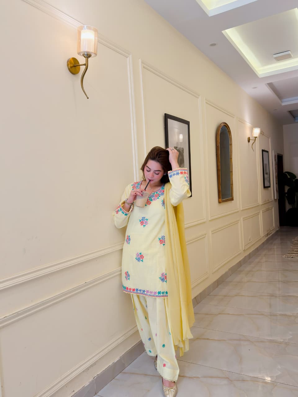 MINAL Pastel Yellow Handmade 3P Suit