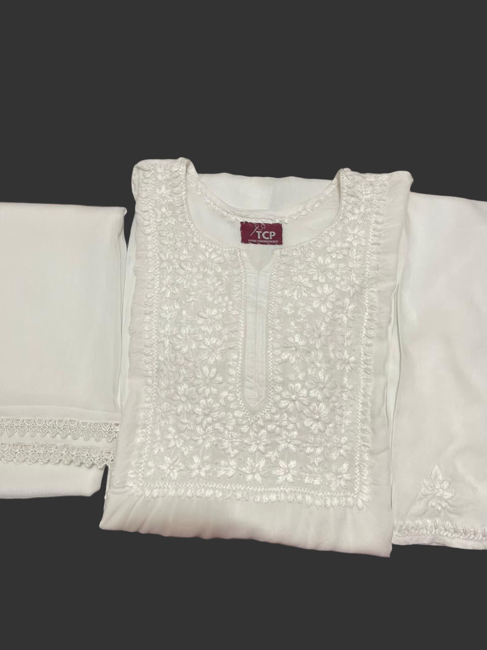 EGG WHITE 3 PIECE CHIKANKARI SET