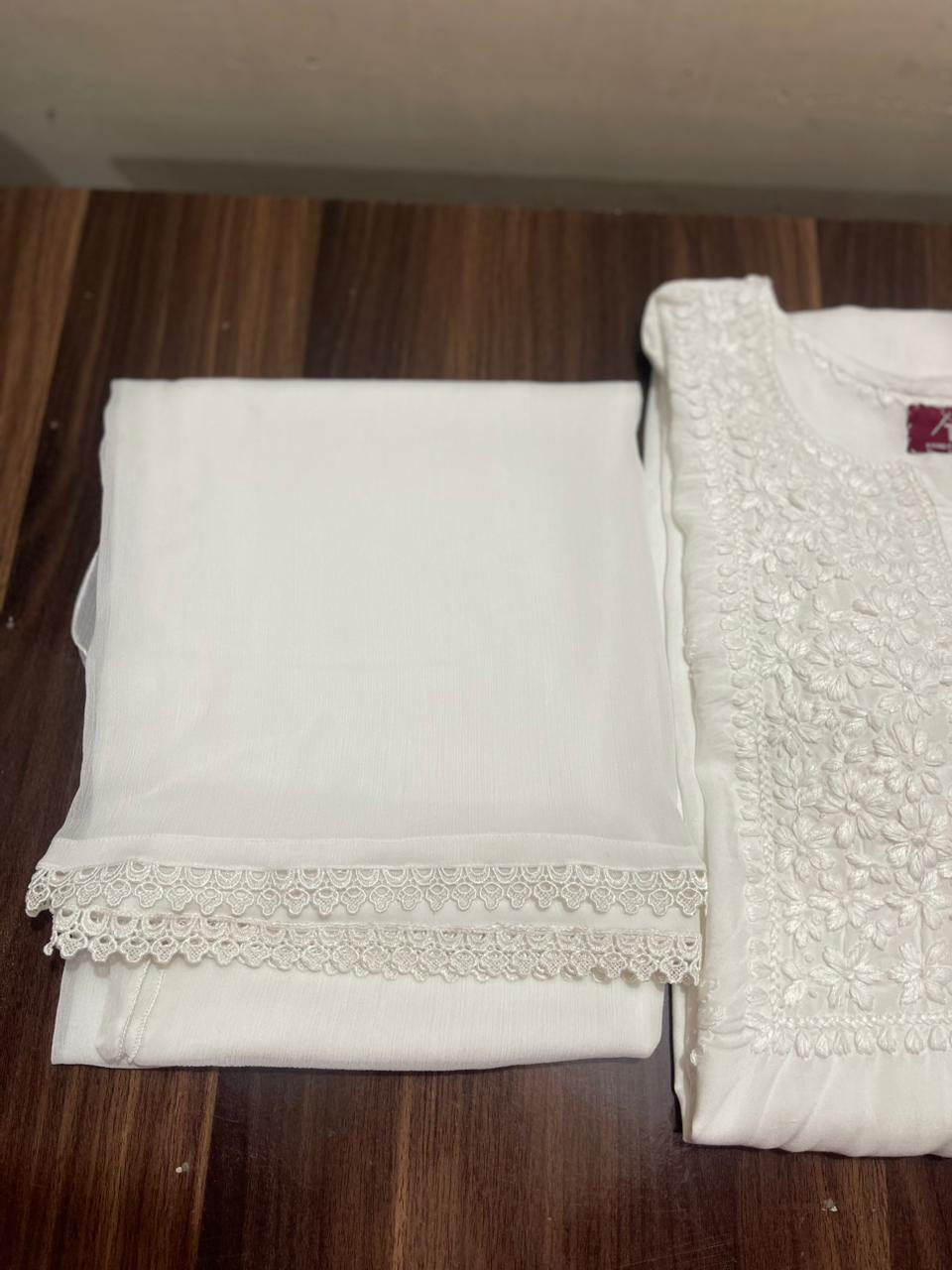 EGG WHITE 3 PIECE CHIKANKARI SET