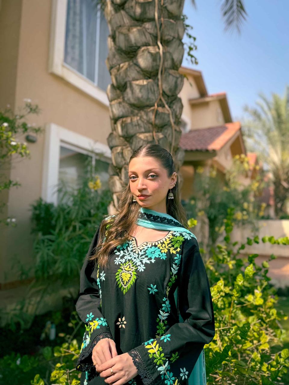 Jet Black Hand-Embroidered Cotton Suit – 3 Piece