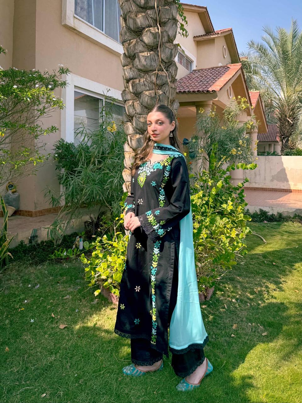 Jet Black Hand-Embroidered Cotton Suit – 3 Piece