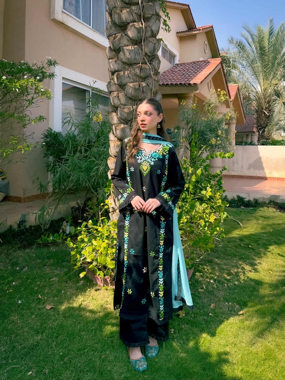 Jet Black Hand-Embroidered Cotton Suit – 3 Piece